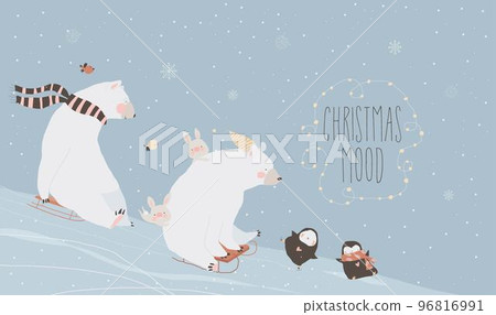 Cute Funny Polar Bears with Rabbits and Penguins enjoying Winter 96816991