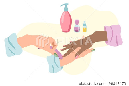 Hands of nail technician doing manicure to an African woman with nail file in flat style 96818473