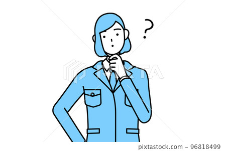 A simple line drawing illustration of a woman wearing work clothes with doubts 96818499