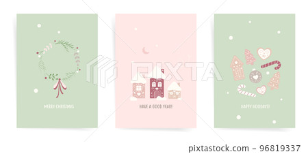 Set of  Merry Christmas and Happy New Year backgrounds, greeting cards, postcards, posters, holiday covers. Design templates with Christmas wreath, gingerbread, heart cookies, snowy house. 96819337