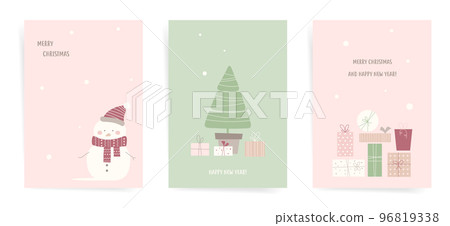 Christmas promo greeting cards - a4 placards and posters design for Christmas holidays. Vector snowman, Christmas tree, gifts, snow and snowfall. 96819338