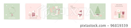 Christmas sale square card template set. Christmas green red pink design for new stories, promo posts, greeting cards. Winter design with snowman, gift boxes, christmas tree, gingerbread and wreath. 96819339