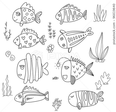 Set with fish on white background. Doodle style. Set with fish on white background. Doodle style. 96819640