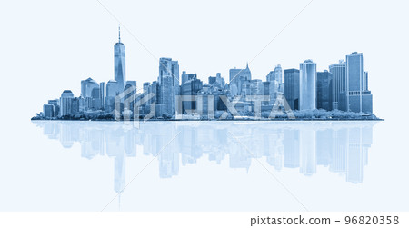 Skyline panorama of downtown Financial District and the Lower Manhattan in New York City, USA. isolated on white background with reflection Skyline panorama of downtown Financial District and the Lower Manhattan in New York City, USA. isolated on white background with reflection 96820358