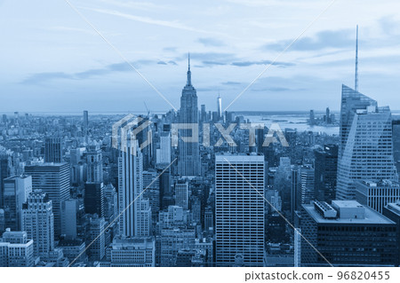 Aerial view of New York city at night, Manhattan, USA, magenta toned 96820455