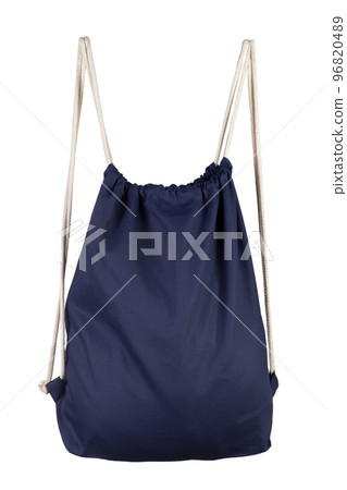 Drawstring pack template jute isolated on white. Blue bag. Drawstring pack template jute isolated on white. Blue bag. 96820489