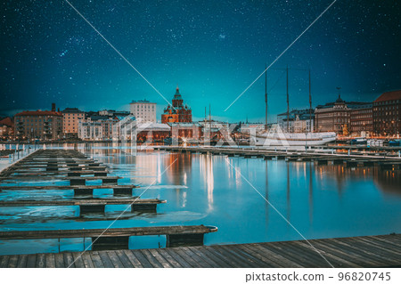 Helsinki, Finland. Bright Blue Starry Sky. View Of Evening City And Uspenski Cathedral From Pier. Light Blue Dramatic Sky. Azure Color Sky 96820745