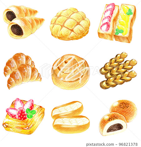 Colored pencil drawing illustration set of popular sweet pastry 96821378