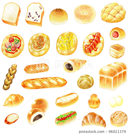 流行主食麵包和配菜麵包彩色鉛筆劃插圖集 96821379
