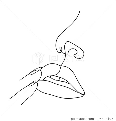 Linear woman lips. Permanent makeup and microblading. Mouth and nose icon on white background. Abstract minimalistic female portrait. Modern vector illustration Linear woman lips. Permanent makeup and microblading. Mouth and nose icon on white background. Abstract minimalistic female portrait. Modern vector illustration 96822197