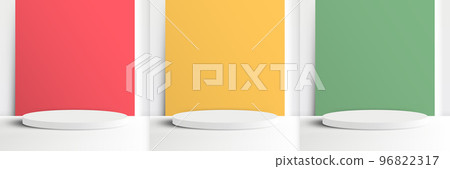 Set of 3D realistic white cylinder podium pedestal Set of 3D realistic white cylinder podium pedestal 96822317