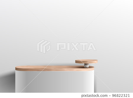 3D realistic geometric forms white and wood podium platform with wood shelf decoration minimal wall scene background 3D realistic geometric forms white and wood podium platform with wood shelf decoration minimal wall scene background 96822321