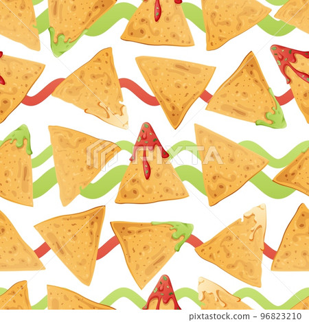 Seamless pattern with nachos on a white background with wavy lines. Traditional Mexican food. Corn chips with salsa, guacamole, cheese. Vector background for wrapping paper, fabric, wallpaper 96823210