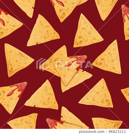 Seamless pattern with nachos on a burgundy background. Traditional Mexican food. Corn chips with salsa. Vector background for wrapping paper, fabric, wallpaper. Latin American cuisine Seamless pattern with nachos on a burgundy background. Traditional Mexican food. Corn chips with salsa. Vector background for wrapping paper, fabric, wallpaper. Latin American cuisine 96823211