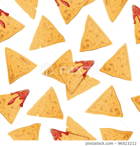 Seamless pattern with nachos on a white background. Traditional Mexican food. Corn chips with salsa. Vector background for wrapping paper, fabric, wallpaper. Latin American food Seamless pattern with nachos on a white background. Traditional Mexican food. Corn chips with salsa. Vector background for wrapping paper, fabric, wallpaper. Latin American food 96823212