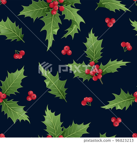 Seamless pattern with holly leaves and berries on a dark background. Christmas and New Year texture. Great for wrapping paper, textiles, wallpapers 96823213