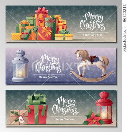 Set of christmas banners with bunch of gift boxes, red lantern, rocking horse. Festive Christmas background with winter decor. Vector illustration for banner, flyer 96823218