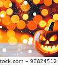 Halloween pumpkin head jack o lantern with burning fire background, light 96824512