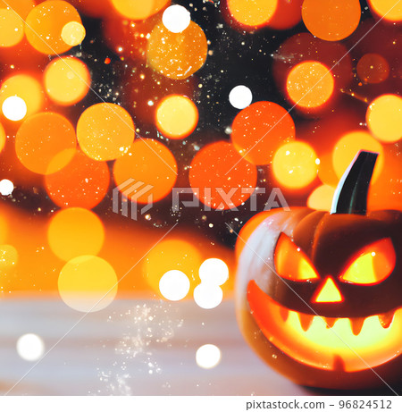 Halloween pumpkin head jack o lantern with burning fire background, light 96824512