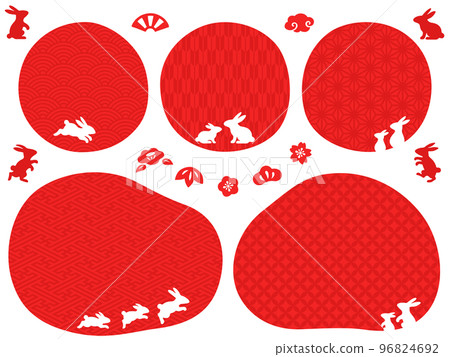 White rabbit silhouette and red circular frame with Japanese pattern and New Year's icon set 96824692
