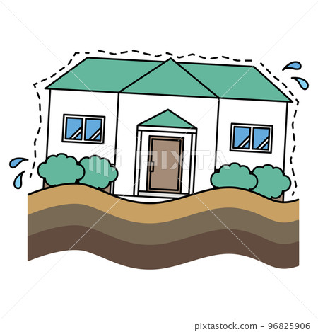 A house that has sunk due to ground subsidence due to liquefaction A house that has sunk due to ground subsidence due to liquefaction 96825906