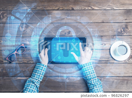Concept of computer access with media lock icon on tablet screen 96826297