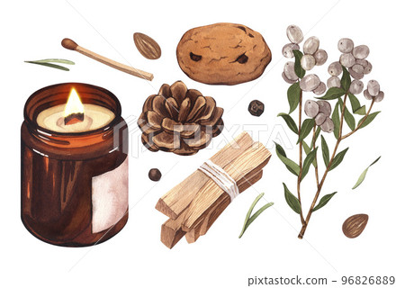 Watercolor set christmas candle brown glass with pine cone, cookie, Palo Santo sticks and snowberry. Hand painted Illustration composition great for greeting cards, backgrounds, holiday decor 96826889
