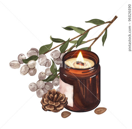 Watercolor Christmas candle brown glass with pine cone decor and snowberry. Botanical illustration for design. Hand painted cozy composition great for greeting cards, backgrounds, holiday decor Watercolor Christmas candle brown glass with pine cone decor and snowberry. Botanical illustration for design. Hand painted cozy composition great for greeting cards, backgrounds, holiday decor 96826890