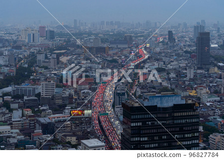 Aerial view of busy cars with traffic jam in the rush hour on highway road street on bridge in Bangkok Downtown, urban city in Asia, Thailand at sunset. Intersection junction. Toll gate in Rama 9 96827784