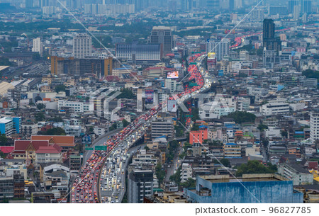 Aerial view of busy cars with traffic jam in the rush hour on highway road street on bridge in Bangkok Downtown, urban city in Asia, Thailand at sunset. Intersection junction. Toll gate in Rama 9 96827785