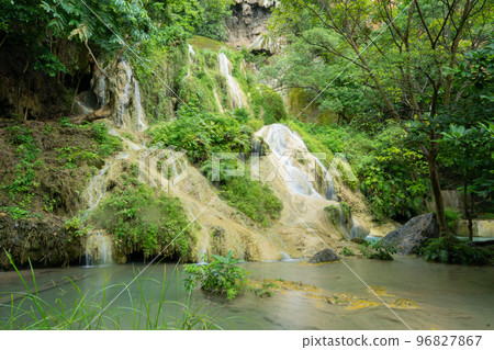 Erawan Waterfall. Nature landscape of Kanchanaburi district in natural area. it is located in Thailand for travel trip on holiday and vacation background, tourist attraction. 96827867