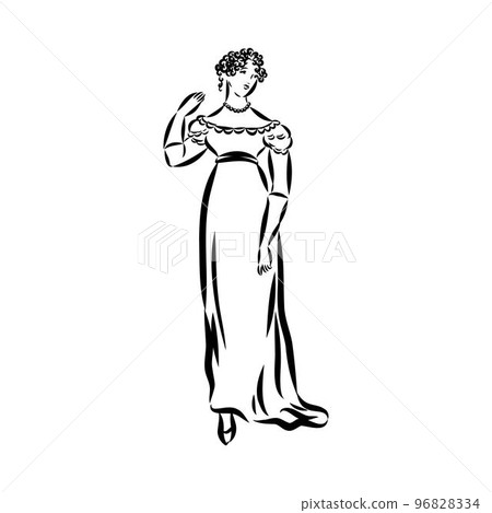 Hand-drawn simple vector drawing in black outline. Lady in vintage dress. Historical fashion. Ink sketch. Hand-drawn simple vector drawing in black outline. Lady in vintage dress. Historical fashion. Ink sketch. 96828334