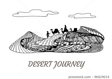 Sand dune journey on camels. Zenart, zentangle vector design Sand dune journey on camels. Zenart, zentangle vector design 96829014