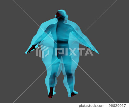 3D render. Athletic man inside an obese body on a gray background. Copy space. 3D render. Athletic man inside an obese body on a gray background. Copy space. 96829037