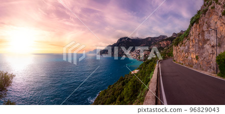 Scenic Road on Rocky Cliffs and Mountain Landscape by the Sea. Amalfi Coast, Positano, Italy. 96829043