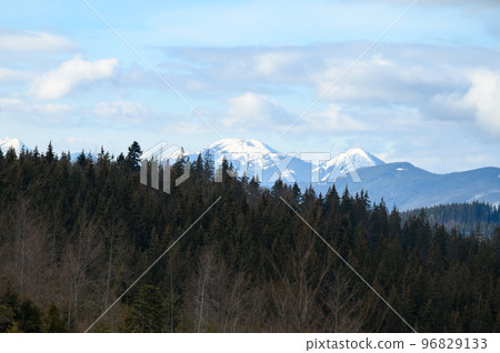 Wonderful views of the Carpathian Mountains covered with snow and a clear blue sky in Ukraine. Wonderful views of the Carpathian Mountains covered with snow and a clear blue sky in Ukraine. 96829133