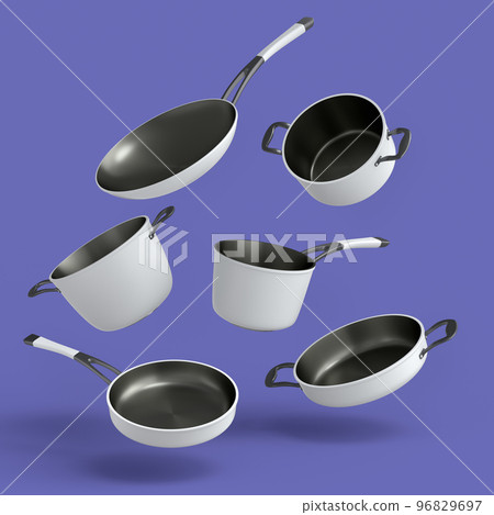 Set of flying stewpot, frying pan and chrome plated cookware on violet 96829697