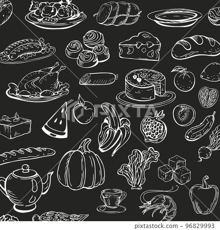 Farmer's market background with line icons. Fruits, vegetables, eggs, meat and fish - Vector 96829993