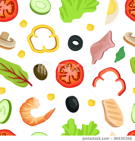 Salad seamless pattern. Sliced vegetables, herbs and shrimps repeating print for backdrop, wallpaper, packaging, textile cartoon vector 96830168