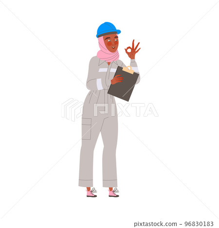 Young Muslim Woman Engineer or Scientist in Hard Hat and Overall Standing with Clipboard and Showing Ok Gesture Vector Illustration 96830183