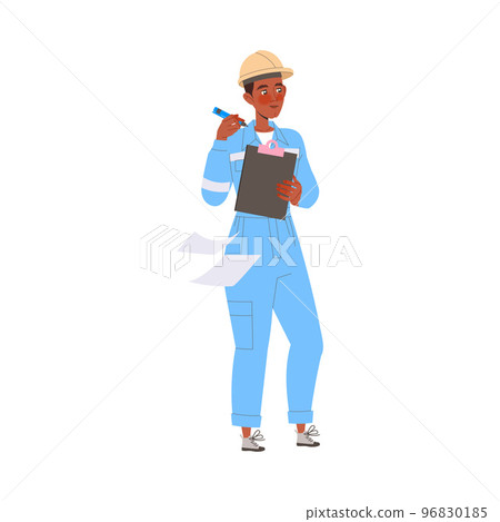 Young Man Engineer or Scientist in Hard Hat and Overall Standing with Clipboard Vector Illustration 96830185