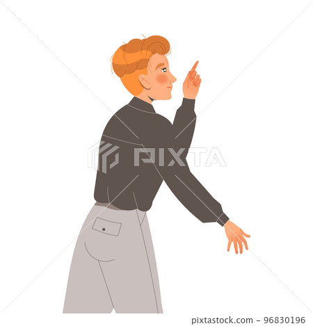 Man Character Indicating Something Pointing with Index Finger as Hand Gesture Specifying Direction Vector Illustration 96830196
