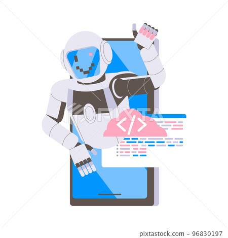 Metal Humanoid Robot Machine from Smartphone Screen Smiling and Showing Thumb Up Gesture Vector Illustration 96830197