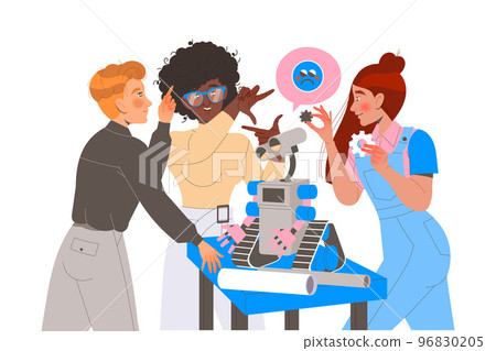 Robotics Programming with Man and Woman Engineer Character Configuring Robot Vector Illustration 96830205
