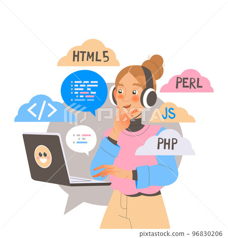 Woman App Dev with Laptop Professional Developing and Coding Software Application for Mobile Device Vector Illustration 96830206