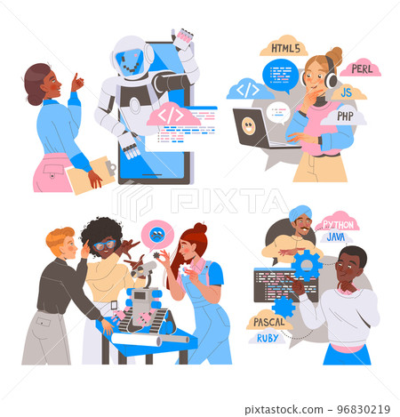 Robotics Programming with Male and Female Engineer Characters Engaged in Artificial Intelligence Development Vector Set Robotics Programming with Male and Female Engineer Characters Engaged in Artificial Intelligence Development Vector Set 96830219