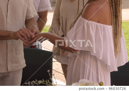 close-up of a man placing the wedding ring on the hand of the bride in a wedding close-up of a man placing the wedding ring on the hand of the bride in a wedding 96830726