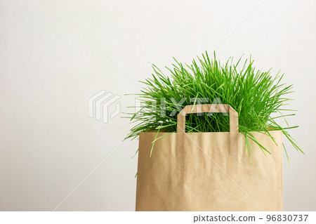 a big paper bag of green grass on light background a big paper bag of green grass on light background 96830737