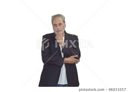 mature man with beard in suit thinking and looking at camera on a white background 96831057