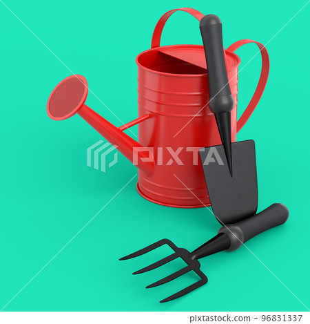 Watering can with garden tools like shovel, rake and fork on green background. 96831337
